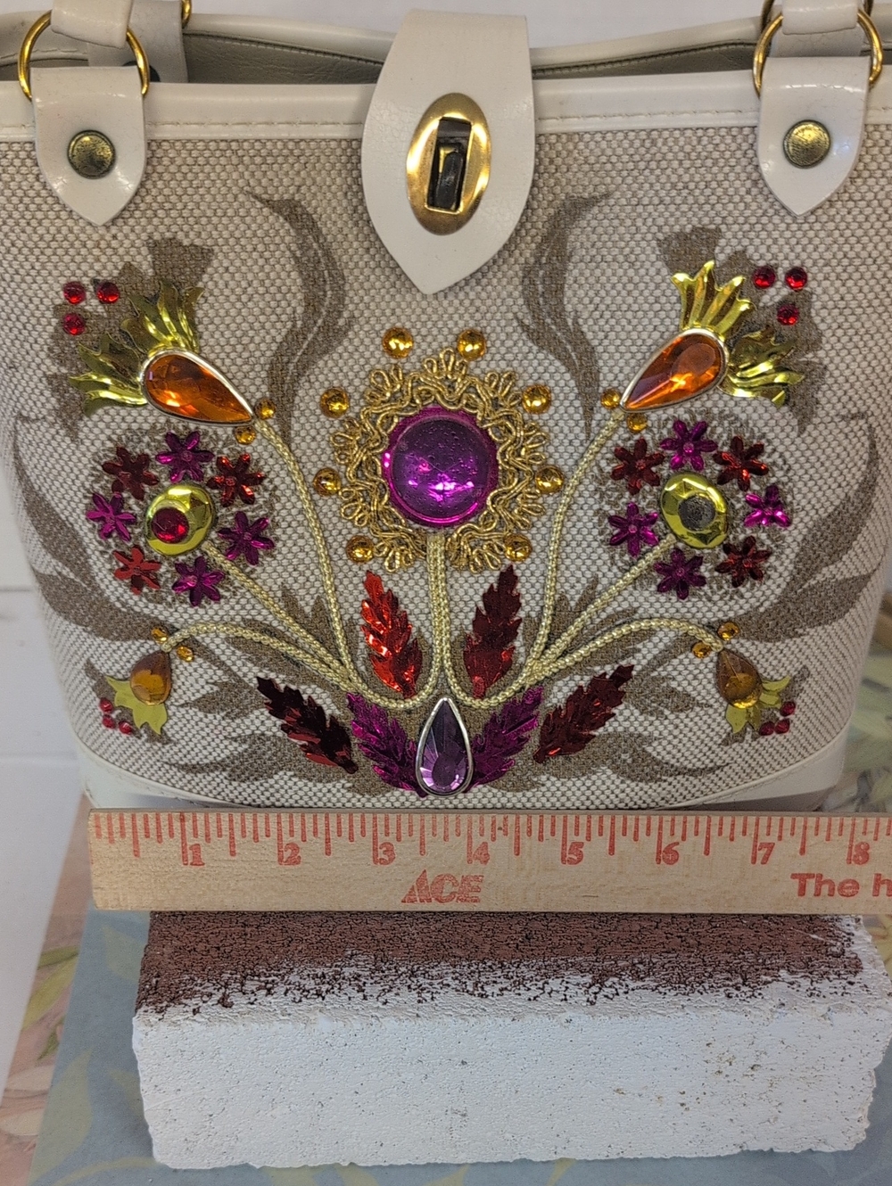 VINTAGE Bag Mini Bucket Bag Embellished Beige Pink Multicolor Gem Accents - Picture 9 of 9